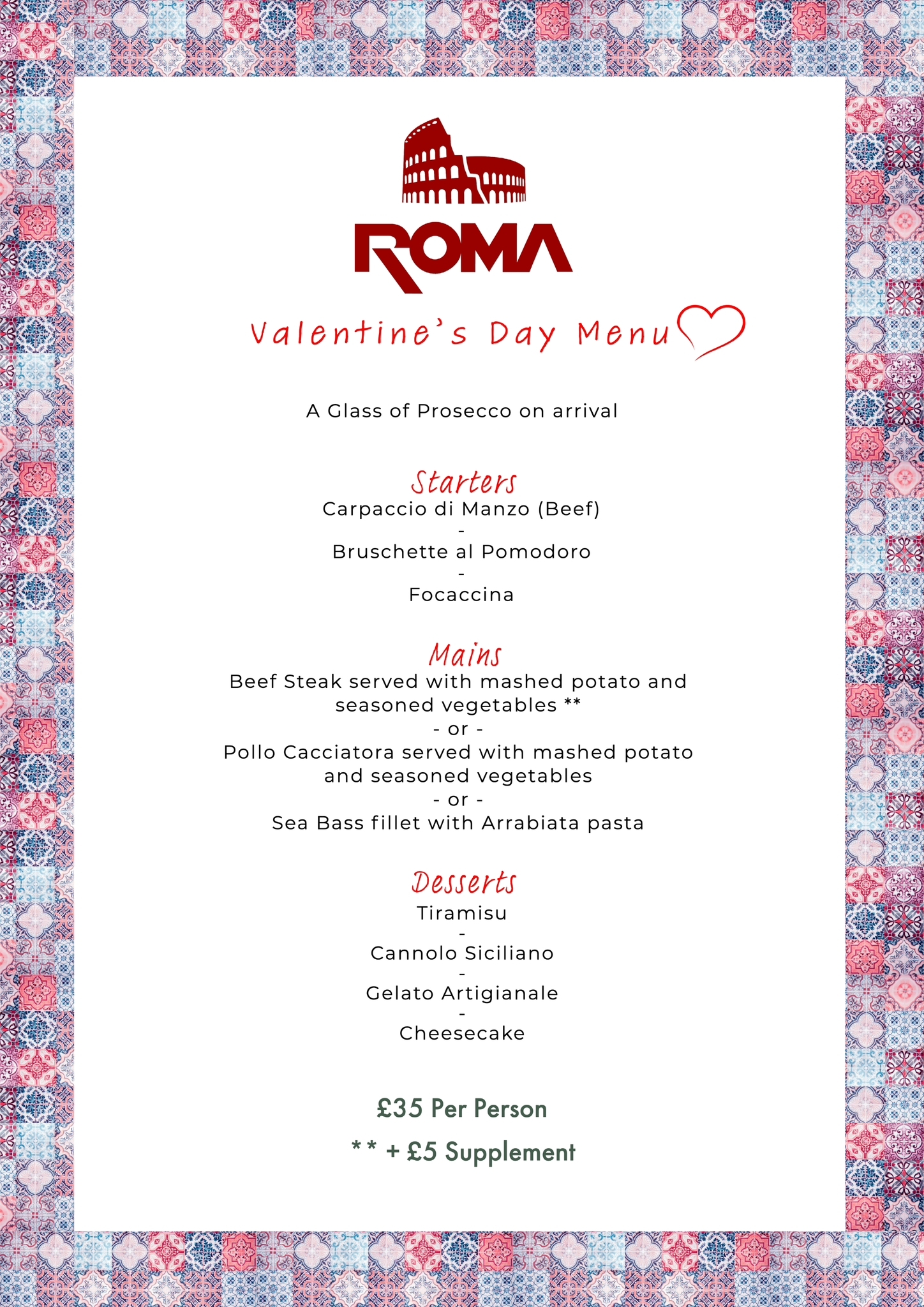 roma valentine menu